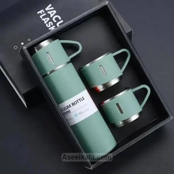 فلاسک مدل کادویی VACUUM FLASK SET گنجایش 0.5 لیتر به همراه لیوان مجموعه 3 عددی (سبز)